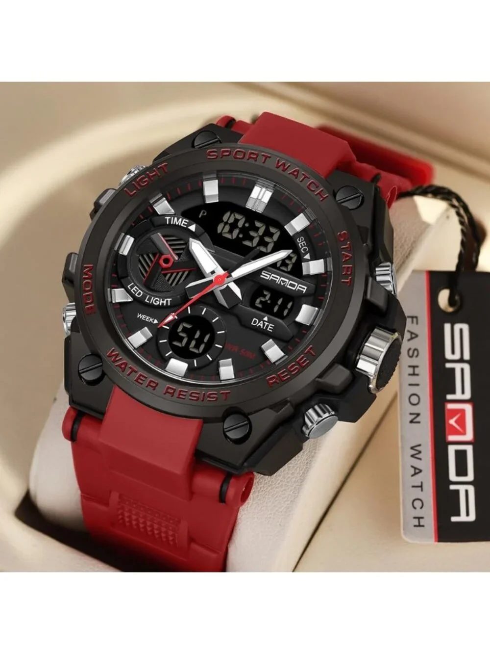 Men's Red Analog Quartz Sports Waterproof Military Tactical LED Digital Watch
